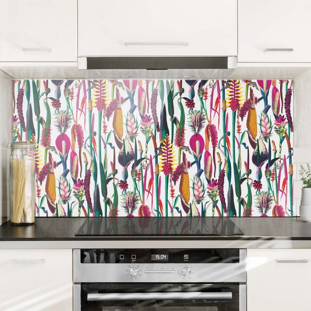 Glasrückwand Küche Blumen Tropisches Luxus Muster XXL