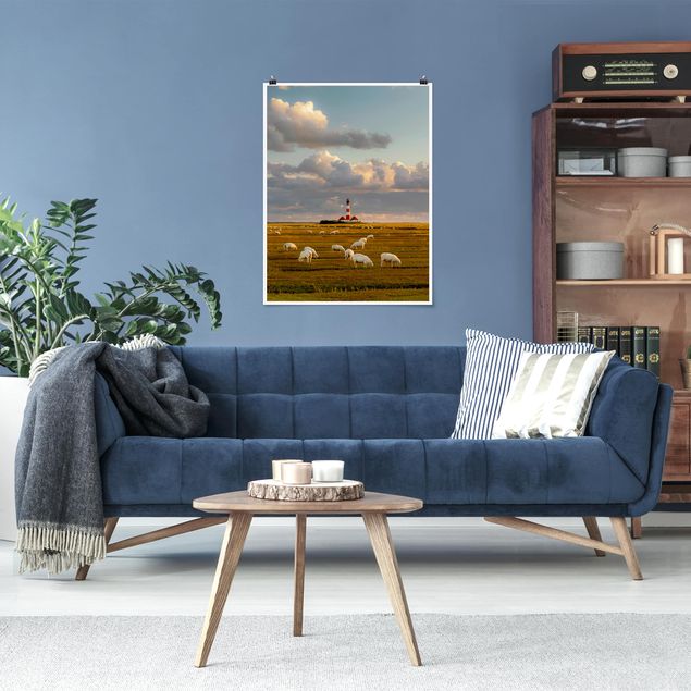 Poster Landschaft Nordsee Leuchtturm mit Schafsherde