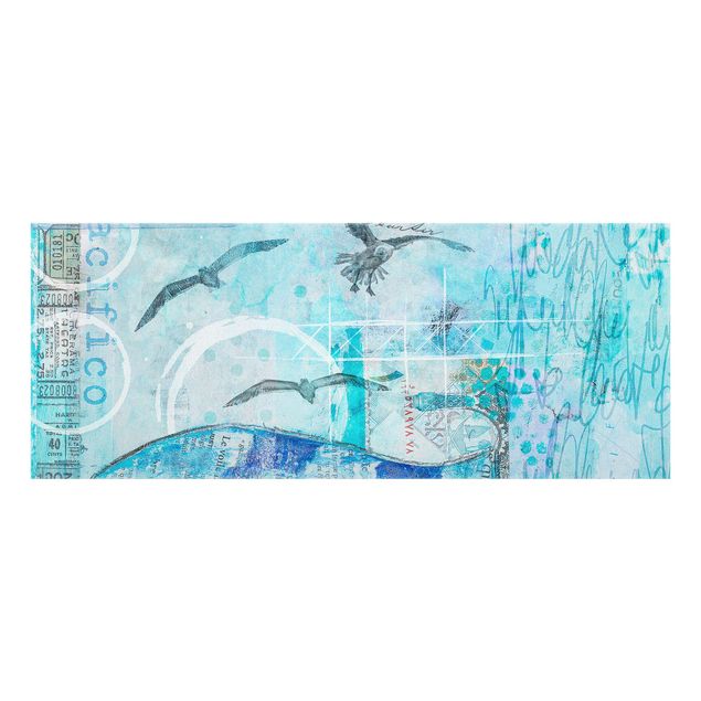 Spritzschutz Glas - Bunte Collage - Blaue Fische - Panorama - 5:2