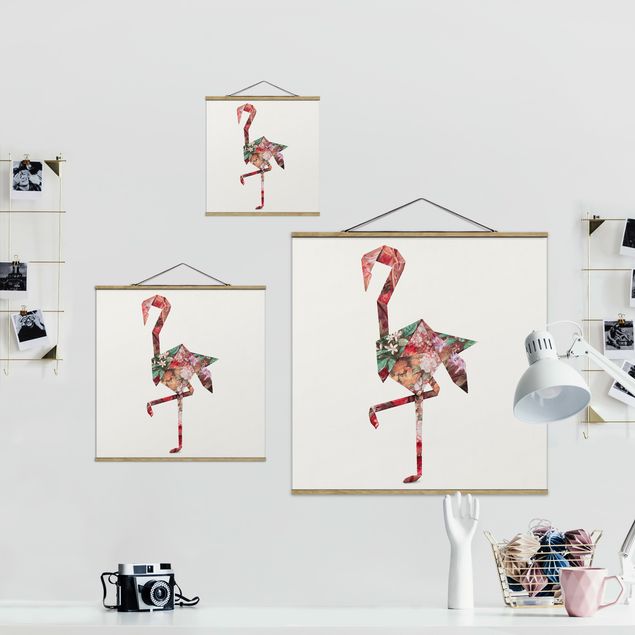 Stoffbild mit Posterleisten - Jonas Loose - Origami Flamingo - Quadrat 1:1