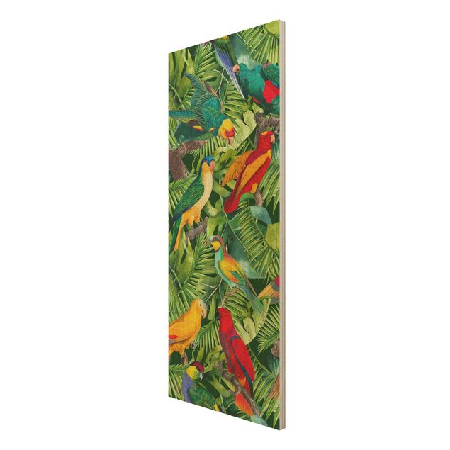Wandbild Holz Bunte Collage - Papageien im Dschungel