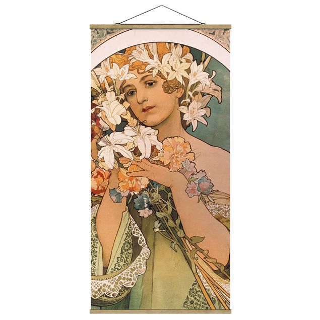 Stoffbild mit Posterleisten - Alfons Mucha - Blume - Hochformat 1:2