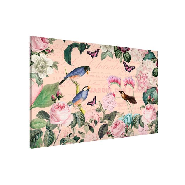 Magnettafeln Blumen Vintage Collage - Rosen und Vögel