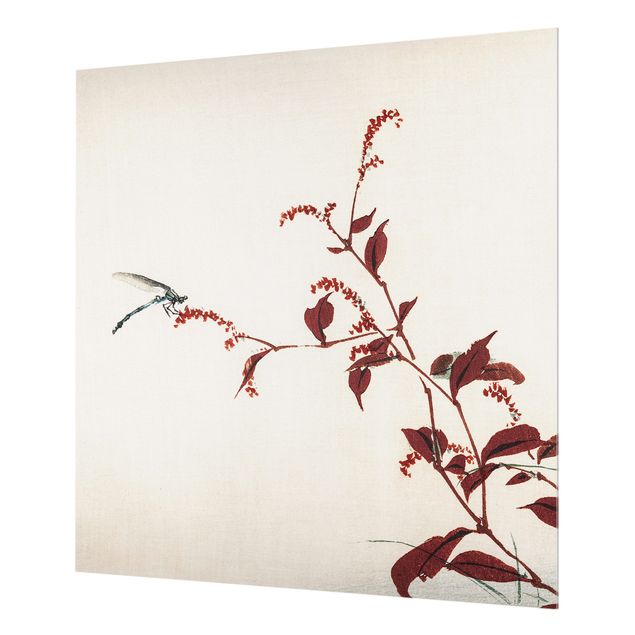 Glas Spritzschutz - Asiatische Vintage Zeichnung Roter Zweig mit Libelle - Quadrat - 1:1