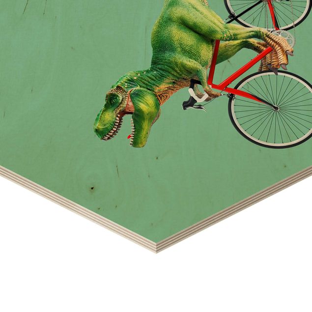 Hexagon Bild Holz - Jonas Loose - Dinosaurier mit Fahrrad