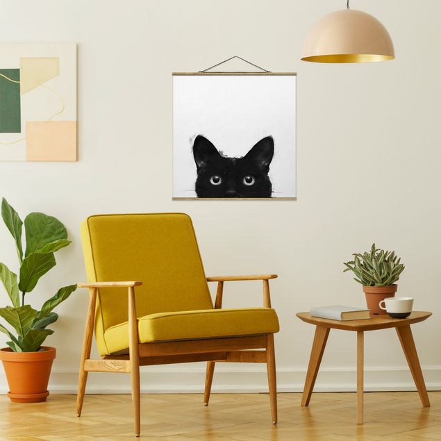 Stoffbilder mit Posterleisten Illustration Schwarze Katze auf Weiß Malerei