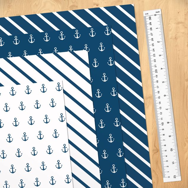 Möbelfolie Muster - Maritimes Anker und Streifen Set - Polarweiss Preussisch Blau