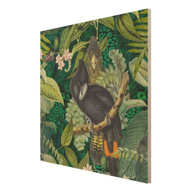 Holzbild - Bunte Collage - Kakadus im Dschungel - Quadrat 1:1