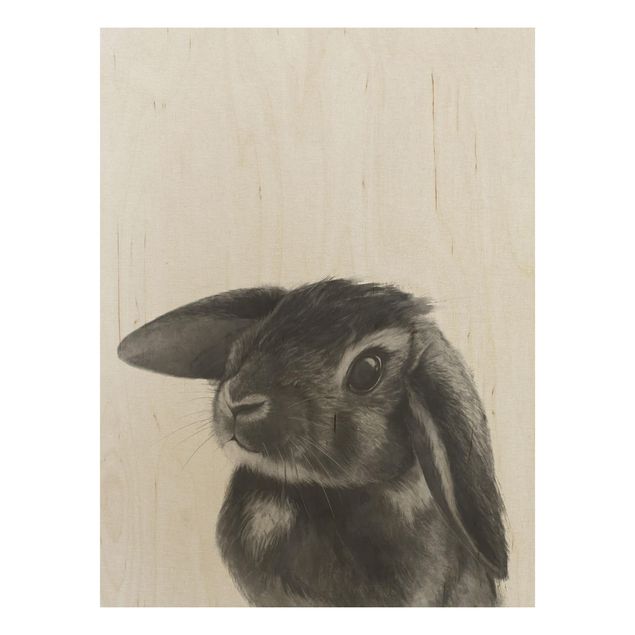 Holzbild - Illustration Hase Schwarz Weiß Zeichnung - Hochformat 4:3
