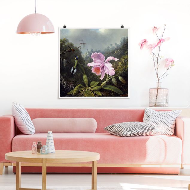 Poster mit Blumen Martin Johnson Heade - Stillleben mit Orchidee und zwei Kolibris