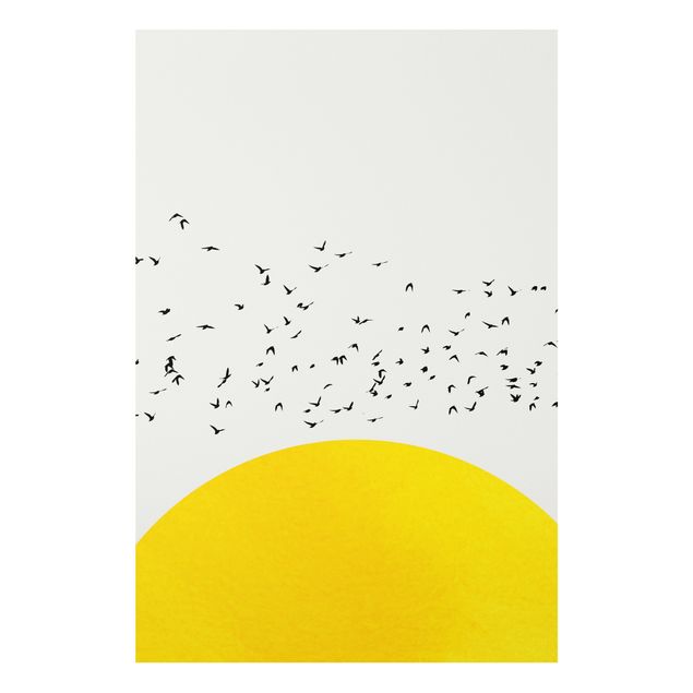 schöne Bilder Vogelschwarm vor gelber Sonne