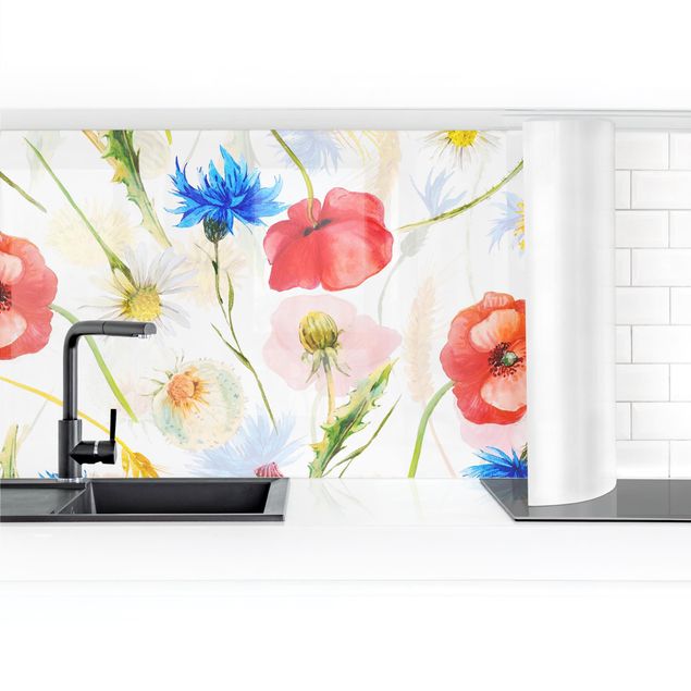 Küchenrückwand selbstklebend Aquarellierte Feldblumen mit Mohn