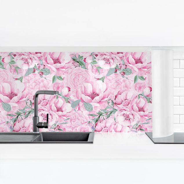 Spritzschutz Küche ohne bohren Rosa Blütentraum Pastell Rosen in Aquarell