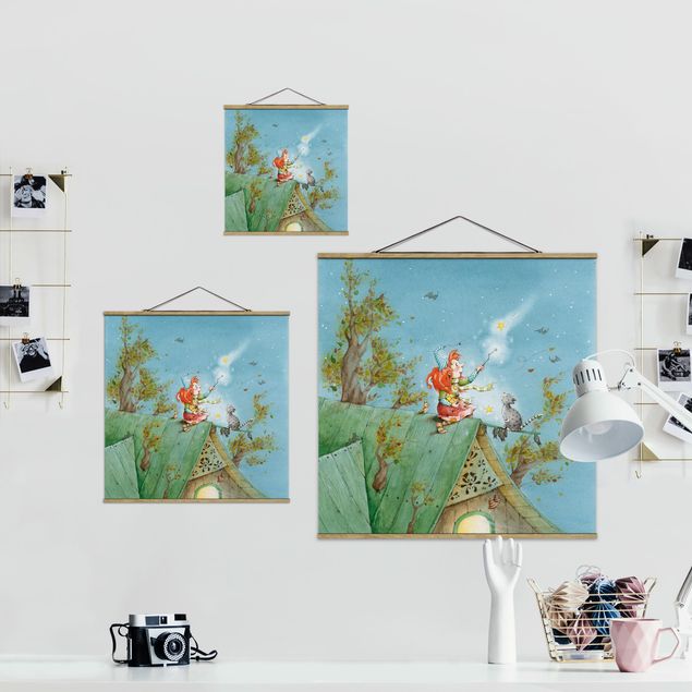 Stoffbild mit Posterleisten - Frida und Kater Pumpernickel lassen die Sterne frei - Quadrat 1:1