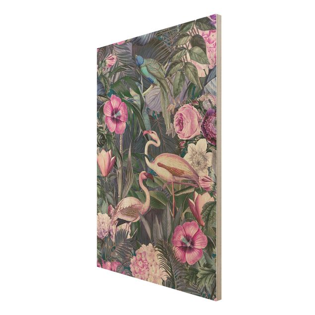 Holzbild - Bunte Collage - Pinke Flamingos im Dschungel - Hochformat 3:2