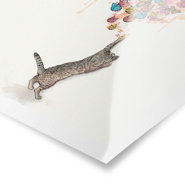 Poster - Illustration Katze mit bunten Schmetterlingen Malerei - Hochformat 4:3