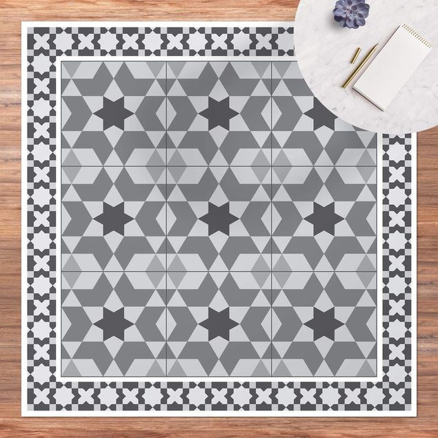 Teppich für Balkon Geometrische Fliesen Kaleidoskop Grau mit Bordüre