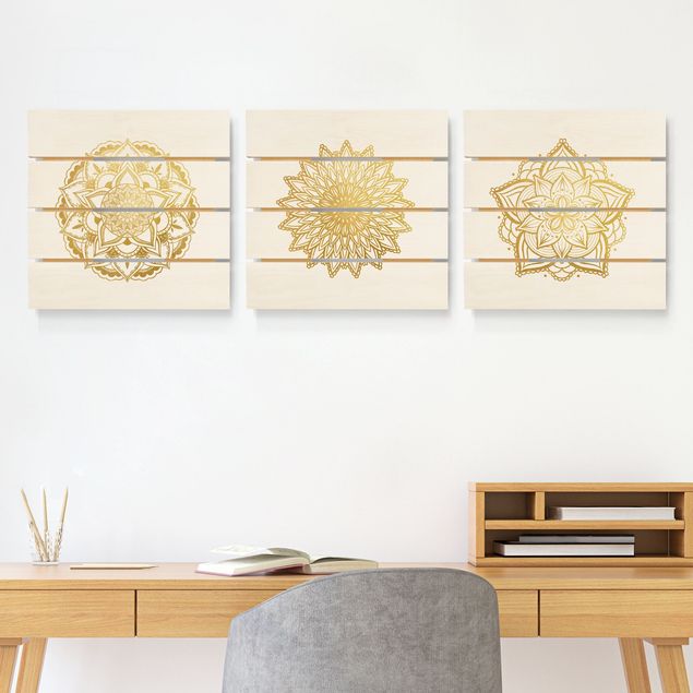 Holzbilder Muster Mandala Blüte Sonne Illustration Set Gold
