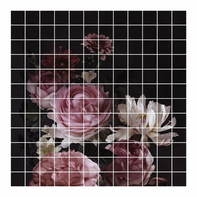 Fliesenbild - Rosa Blumen auf Schwarz - Fliesensticker Set quadratisch