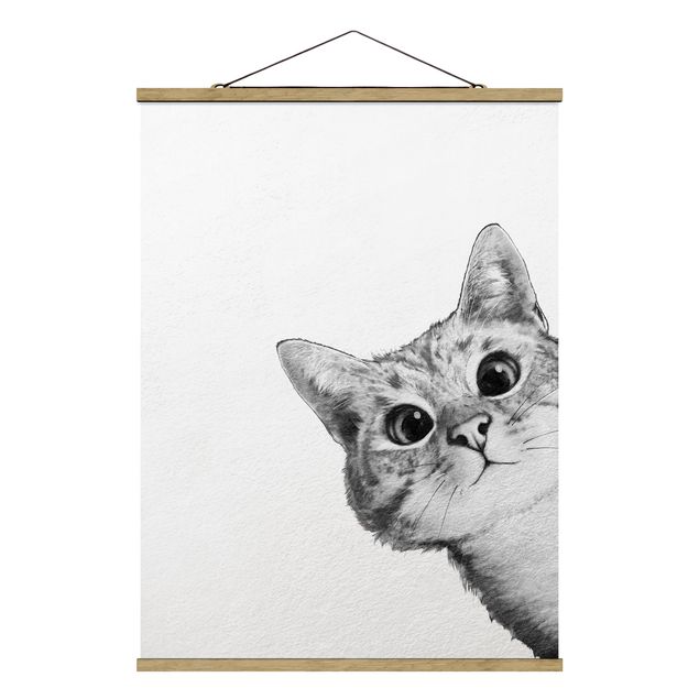 Stoffbild mit Posterleisten - Laura Graves - Illustration Katze Zeichnung Schwarz Weiß - Hochformat 3:4