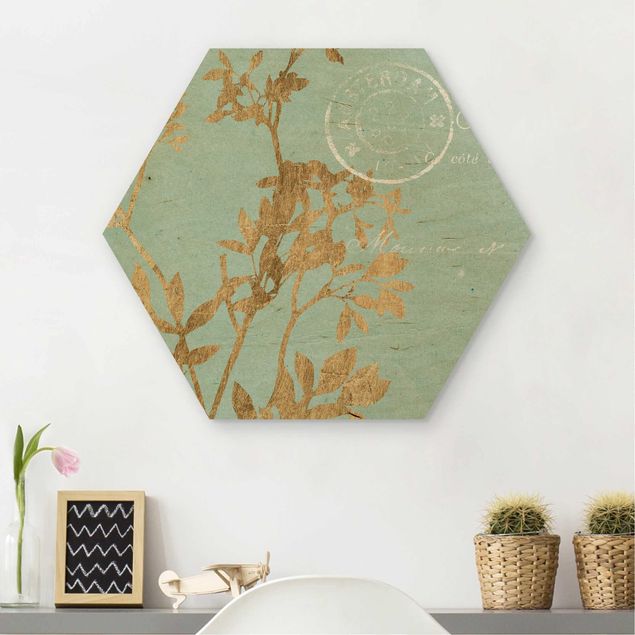 Holzbilder Sprüche Goldene Blätter auf Turquoise I