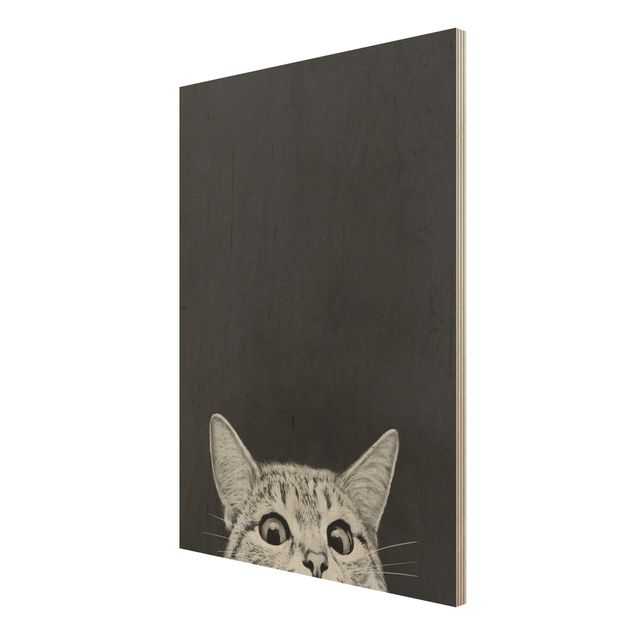 Holzbild - Illustration Katze Schwarz Weiß Zeichnung - Hochformat 4:3