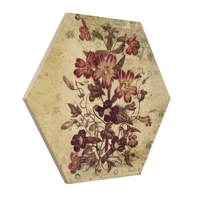 Hexagon Bild Holz - Vintage Blütenmuster