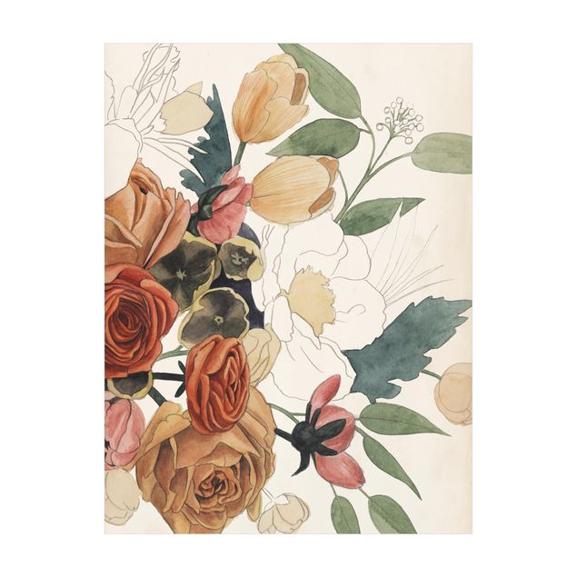 Vinyl-Teppich - Zeichnung Blumenbouquet in Rot und Sepia II - Hochformat 3:4