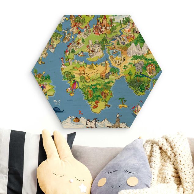 Wandbild Weltkarte Holz Great and funny Worldmap