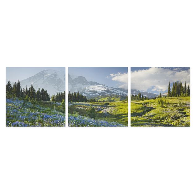 schöne Leinwandbilder Bergwiese mit blauen Blumen vor Mt. Rainier