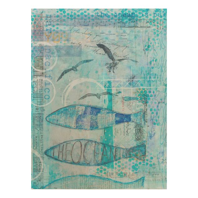Wandbild Holz Bunte Collage - Blaue Fische