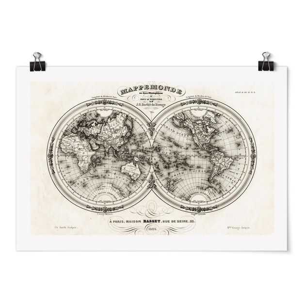 schöne Bilder Weltkarte - Französische Karte der Hemissphären von 1848