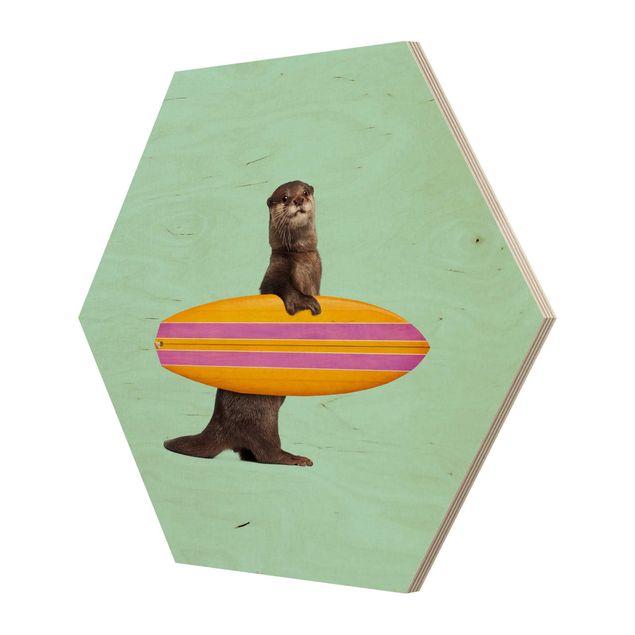 Hexagon Bild Holz - Jonas Loose - Otter mit Surfbrett