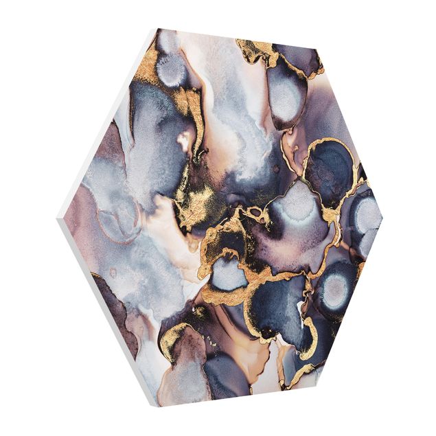 Hexagon Bild Forex - Marmor Aquarell mit Gold