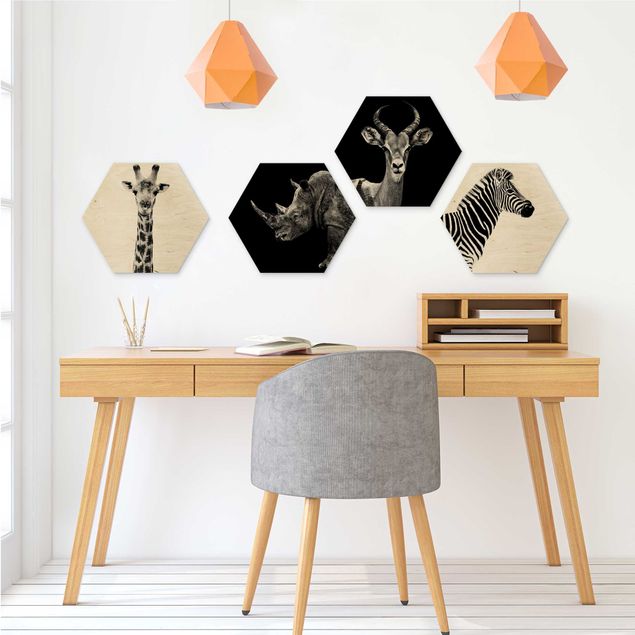 Hexagon Bild Holz 4-teilig - Safari Quartett