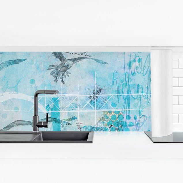 Küchenrückwand selbstklebend Bunte Collage - Blaue Fische