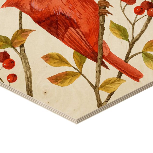 Hexagon Bild Holz - Vögel und Beeren - Rotkardinal
