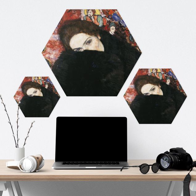 Hexagon Bild Alu-Dibond - Gustav Klimt - Dame mit Muff