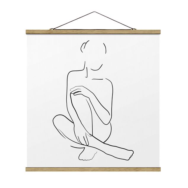 Stoffbilder mit Posterleisten Line Art Frau sitzt Schwarz Weiß