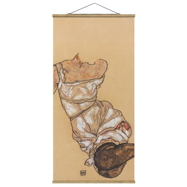 Stoffbild mit Posterleisten - Egon Schiele - Weiblicher Torso in Unterwäsche - Hochformat 1:2