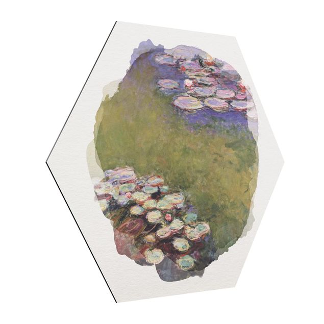 Hexagon Bild Alu-Dibond - Wasserfarben - Claude Monet - Seerosen