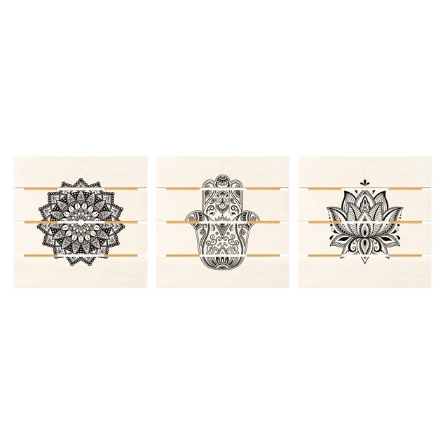 Holzbild 3-teilig - Mandala Hamsa Hand Lotus Set auf Weiß - Quadrate 1:1