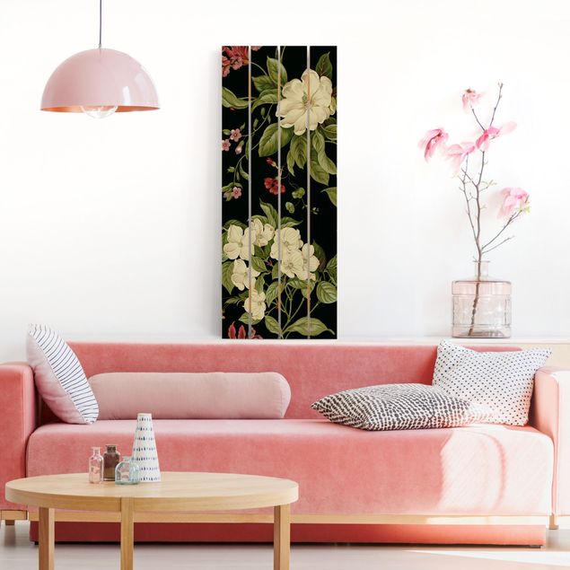 Wandbild Holz Gartenblumen auf Schwarz I