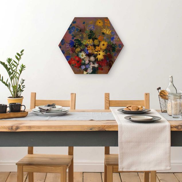 Hexagon Bild Holz - Odilon Redon - Blumen in einer Vase