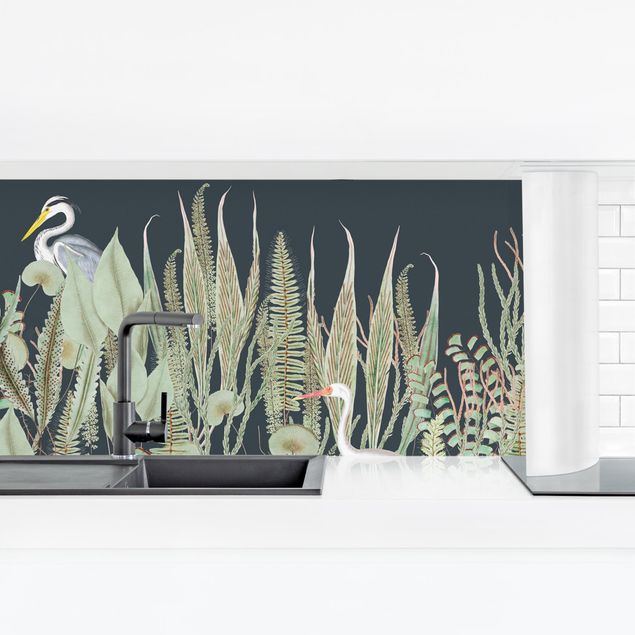 Spritzschutz Küche ohne bohren Flamingo und Storch mit Pflanzen auf Grün