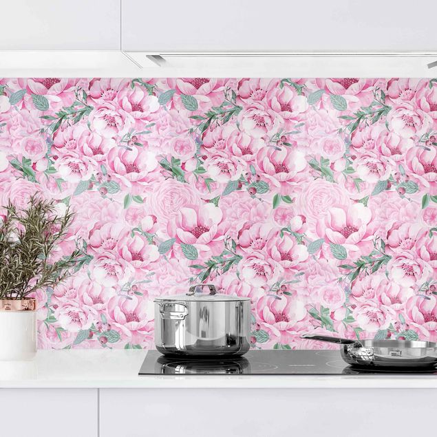 Platte Küchenrückwand Rosa Blütentraum Pastell Rosen in Aquarell II