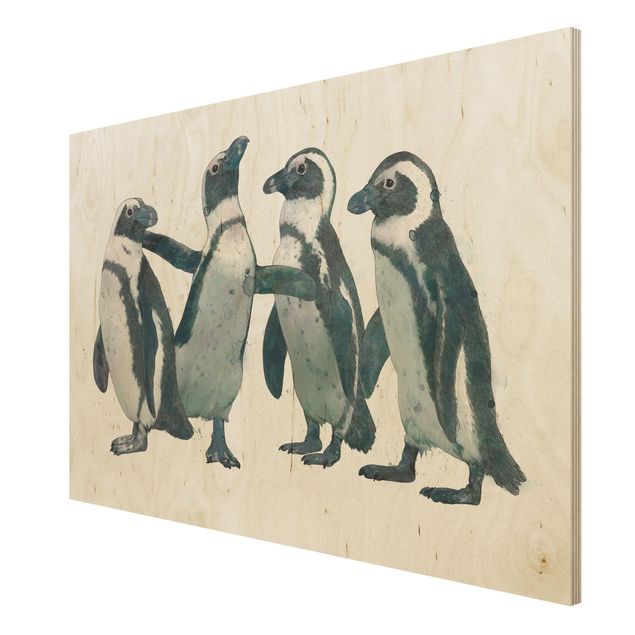 Holzbild - Illustration Pinguine Schwarz Weiß Aquarell - Querformat 2:3