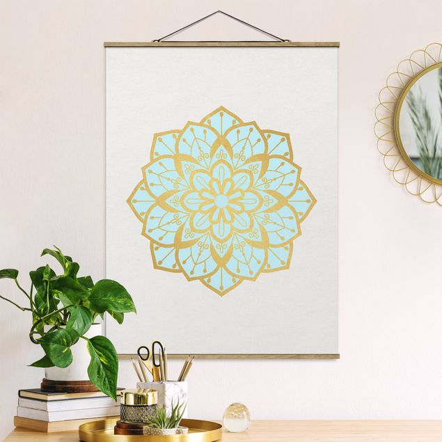 Bilder Mandala Illustration Blüte hellblau gold