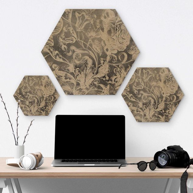 Hexagon Bild Holz - Verblühtes Blumenornament I