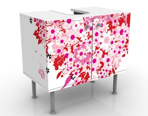 Waschbeckenunterschrank - Floral Retro Heart - Blumen Badschrank Rosa Rot